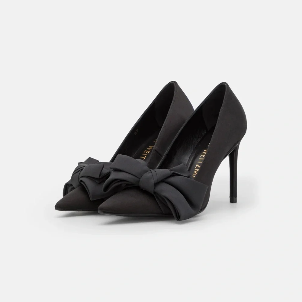NEW Stuart Weitzman Loveknot Black Satin Bow Heels - Picture 9 of 14